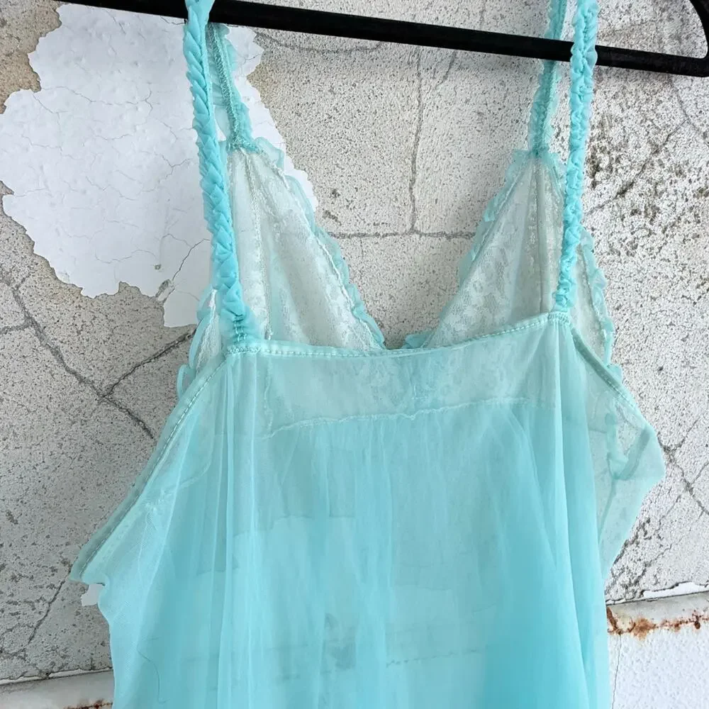 Vtg 60s Babydoll Nightgown Maxi Slip Dress Sheer Aqua‎ Chiffon Lettuce Hem Fairy - Picture 6 of 7